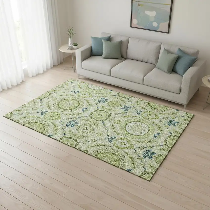 Artichoke Green Blue And Ivory Floral Washable Area Rug With UV Protection Photo 2