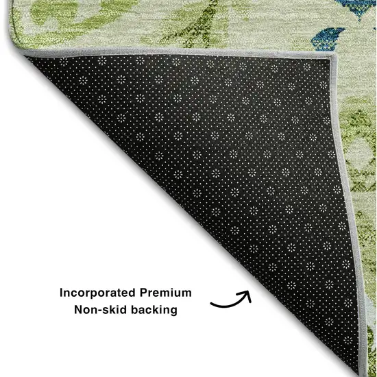 Artichoke Green Blue And Ivory Floral Washable Area Rug With UV Protection Photo 7