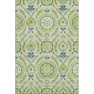 Photo of Artichoke Green Blue And Ivory Floral Washable Area Rug With UV Protection