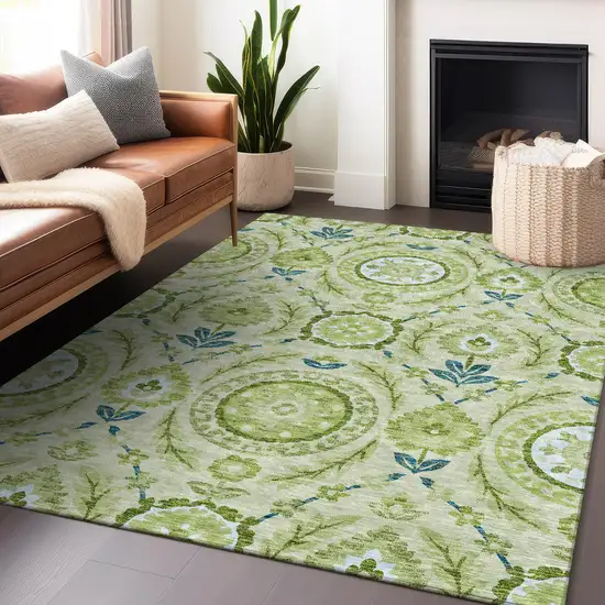 Artichoke Green Blue And Ivory Floral Washable Area Rug With UV Protection Photo 6
