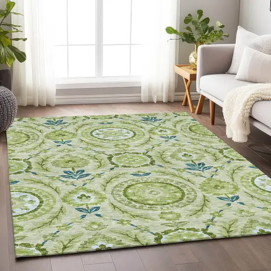 Artichoke Green Blue And Ivory Floral Washable Area Rug With UV Protection Photo 5