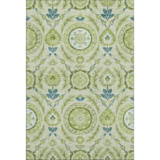 Artichoke Green Blue And Ivory Floral Washable Area Rug With UV Protection Photo 1