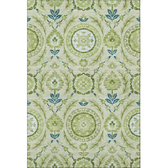 Artichoke Green Blue And Ivory Floral Washable Area Rug With UV Protection Photo 4