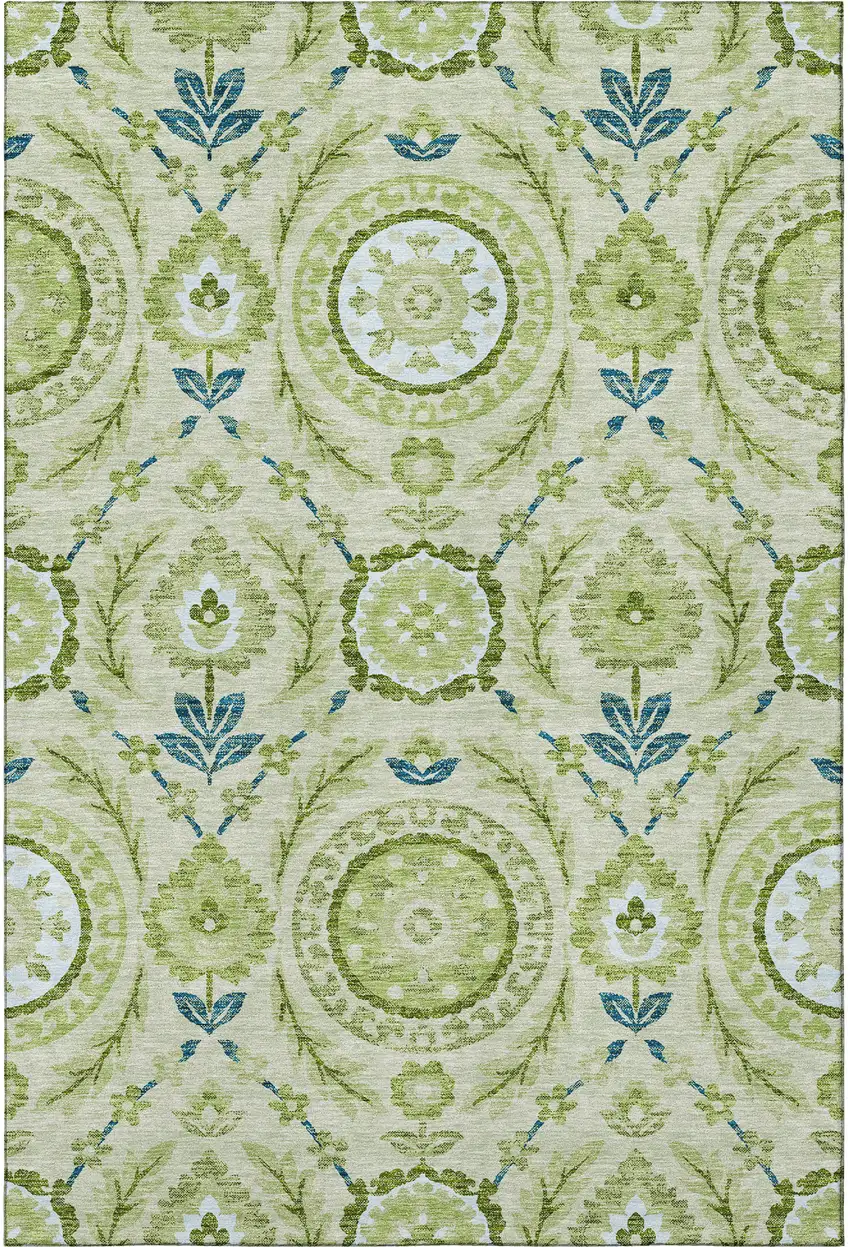 Artichoke Green Blue And Ivory Floral Washable Area Rug With UV Protection Photo 4