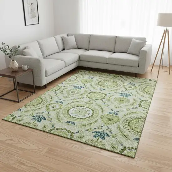 Artichoke Green Blue And Ivory Floral Washable Area Rug With UV Protection Photo 2