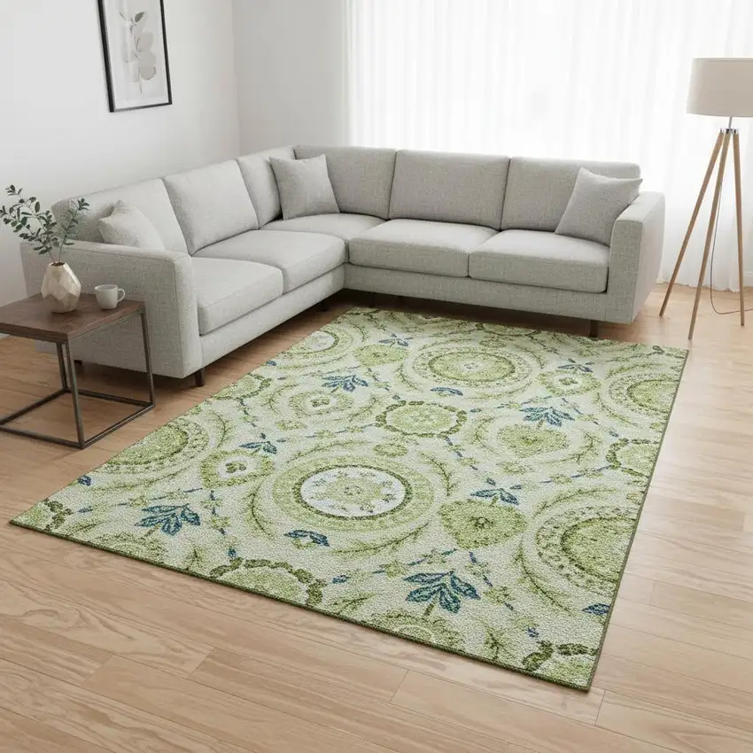 Artichoke Green Blue And Ivory Floral Washable Area Rug With UV Protection Photo 2