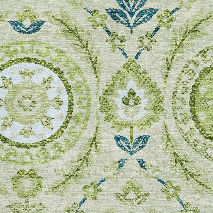 Artichoke Green Blue And Ivory Floral Washable Area Rug With UV Protection Photo 3