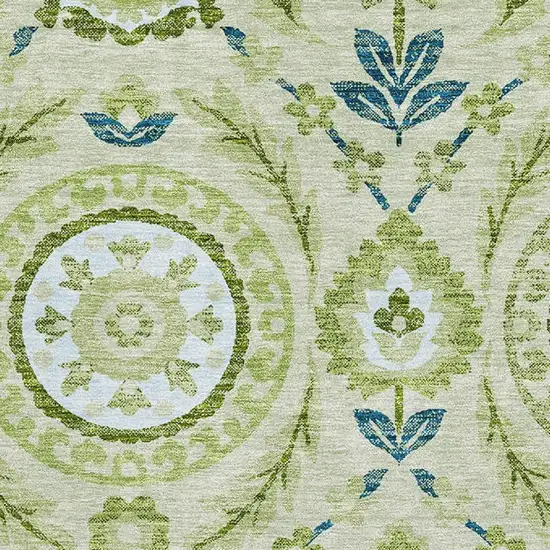 Artichoke Green Blue And Ivory Floral Washable Area Rug With UV Protection Photo 3