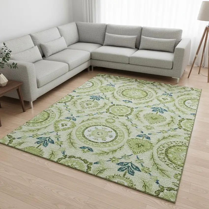 Artichoke Green Blue And Ivory Floral Washable Area Rug With UV Protection Photo 2