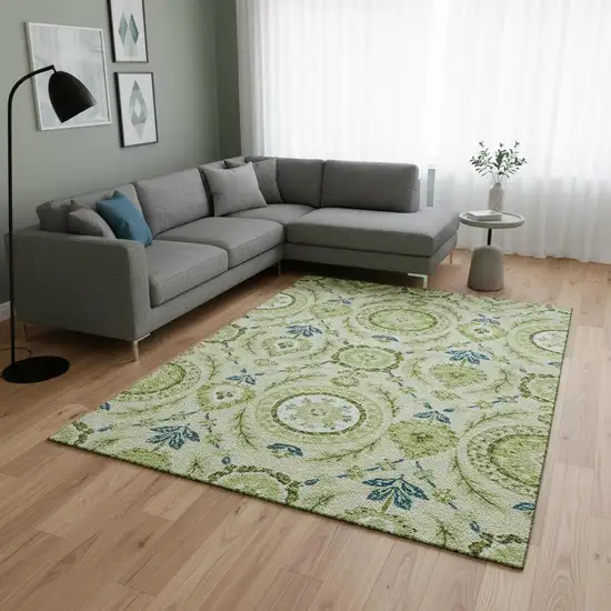 Artichoke Green Blue And Ivory Floral Washable Area Rug With UV Protection Photo 2