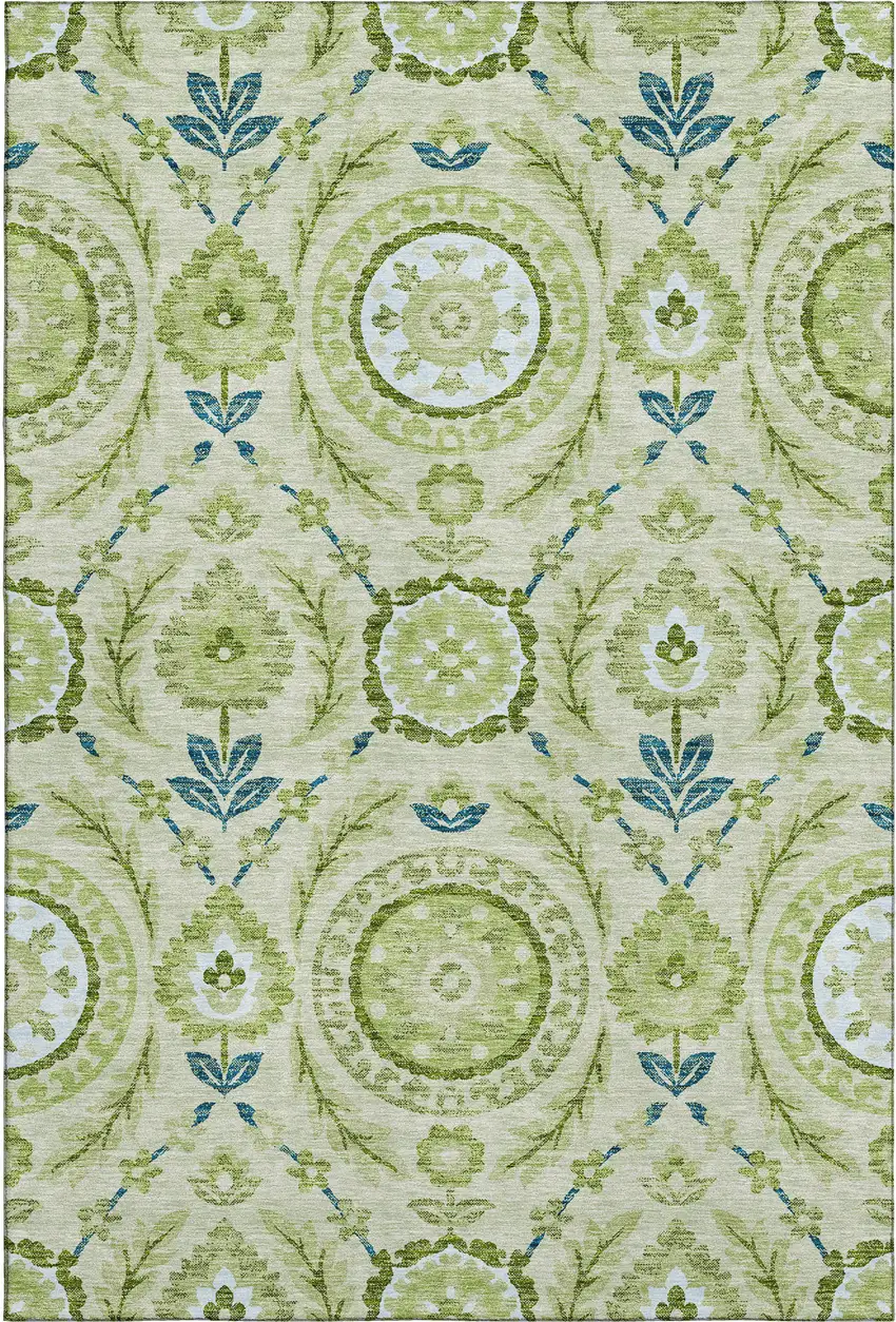 Artichoke Green Blue And Ivory Floral Washable Area Rug With UV Protection Photo 1