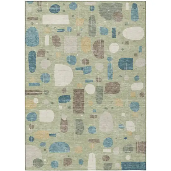 Artichoke Green Blue And Ivory Geometric Washable Indoor Outdoor Area Rug Photo 1