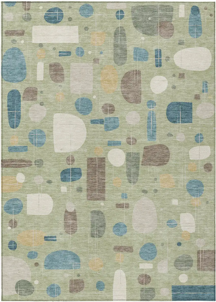 Artichoke Green Blue And Ivory Geometric Washable Indoor Outdoor Area Rug Photo 1