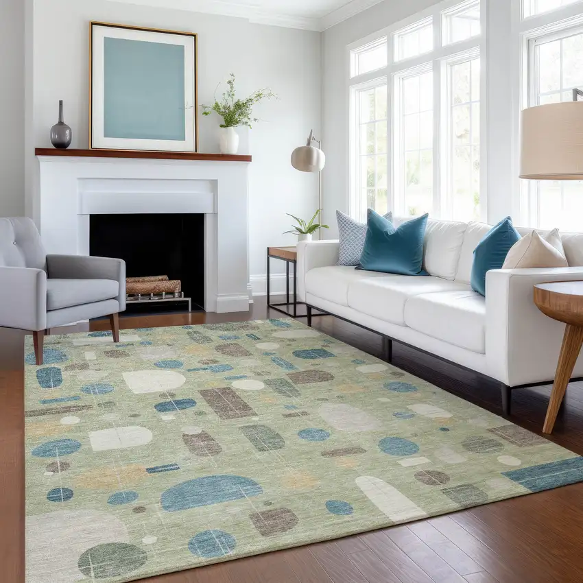 Artichoke Green Blue And Ivory Geometric Washable Indoor Outdoor Area Rug Photo 6