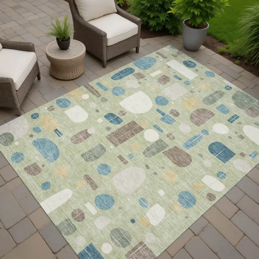Artichoke Green Blue And Ivory Geometric Washable Indoor Outdoor Area Rug Photo 7