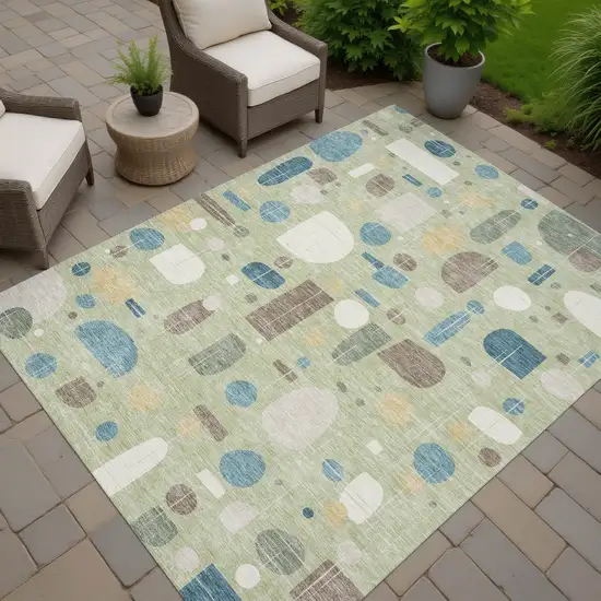Artichoke Green Blue And Ivory Geometric Washable Indoor Outdoor Area Rug Photo 7