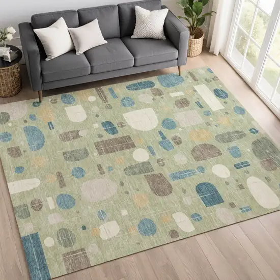 Artichoke Green Blue And Ivory Geometric Washable Indoor Outdoor Area Rug Photo 5