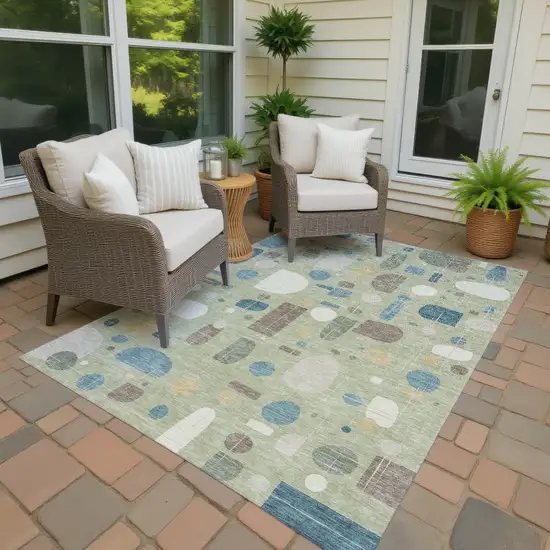 Artichoke Green Blue And Ivory Geometric Washable Indoor Outdoor Area Rug Photo 3