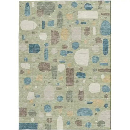 Artichoke Green Blue And Ivory Geometric Washable Indoor Outdoor Area Rug Photo 2