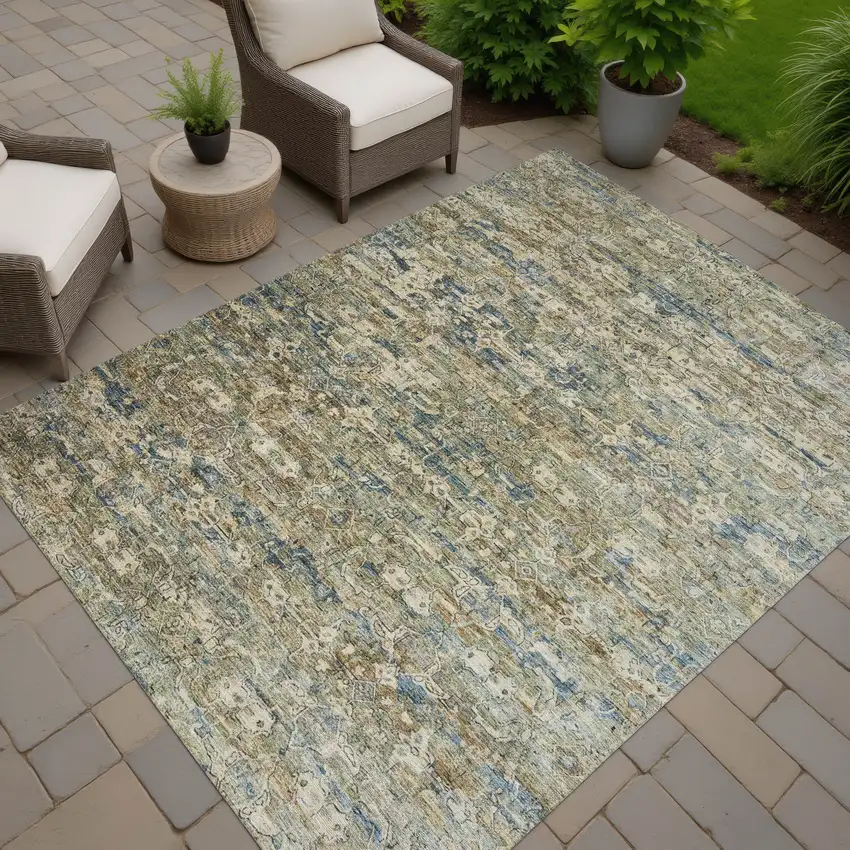 Artichoke Green Blue And Ivory Ikat Washable Indoor Outdoor Area Rug Photo 7