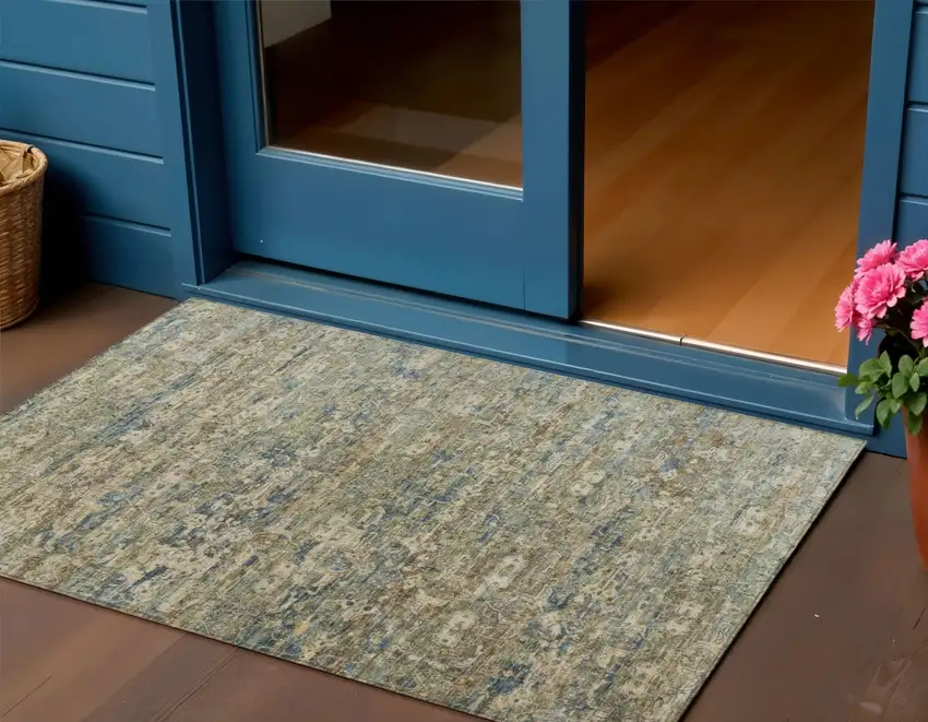 Artichoke Green Blue And Ivory Ikat Washable Indoor Outdoor Area Rug Photo 1