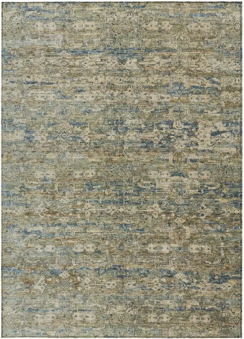 Artichoke Green Blue And Ivory Ikat Washable Indoor Outdoor Area Rug Photo 4
