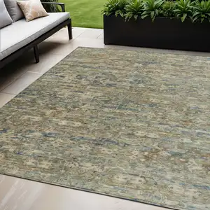 Photo of Artichoke Green Blue And Ivory Ikat Washable Indoor Outdoor Area Rug