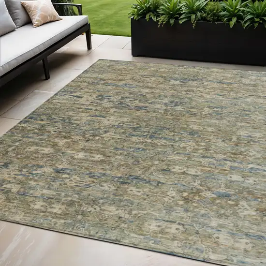 Artichoke Green Blue And Ivory Ikat Washable Indoor Outdoor Area Rug Photo 1