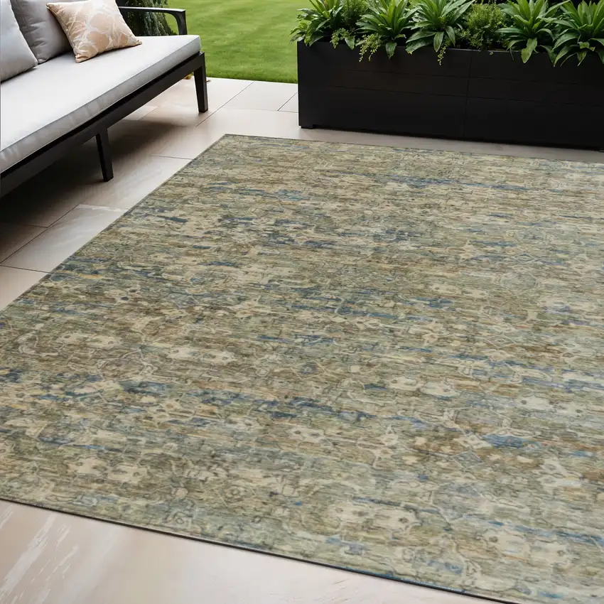 Artichoke Green Blue And Ivory Ikat Washable Indoor Outdoor Area Rug Photo 1