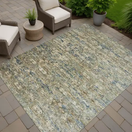 Artichoke Green Blue And Ivory Ikat Washable Indoor Outdoor Area Rug Photo 6