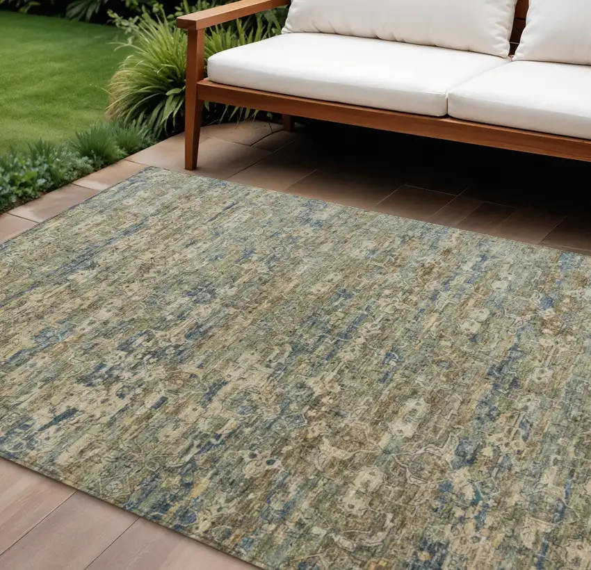 Artichoke Green Blue And Ivory Ikat Washable Indoor Outdoor Area Rug Photo 1