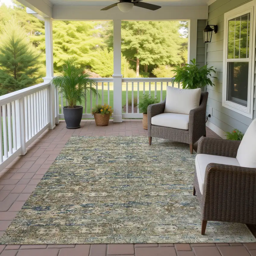 Artichoke Green Blue And Ivory Ikat Washable Indoor Outdoor Area Rug Photo 9