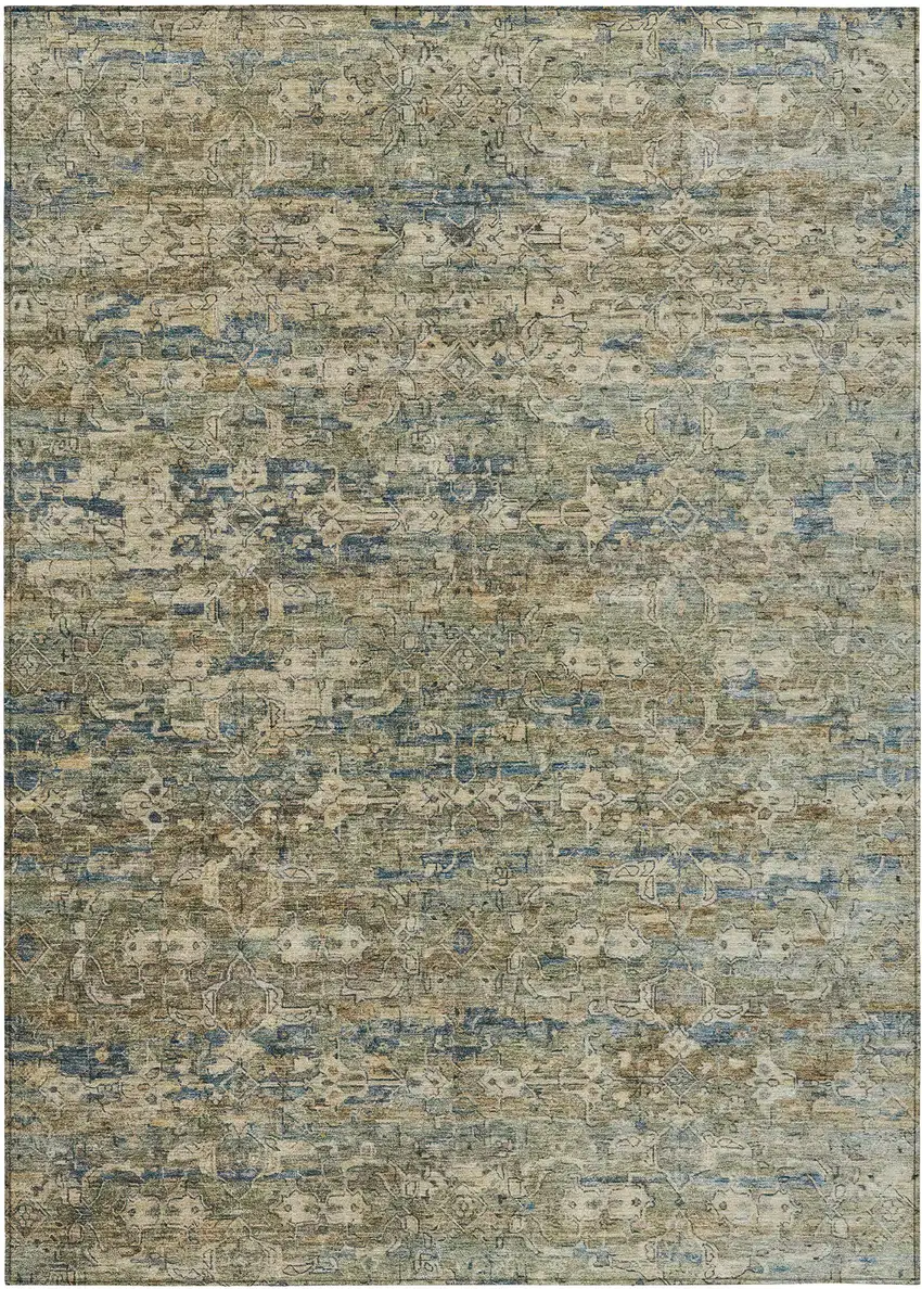 Artichoke Green Blue And Ivory Ikat Washable Indoor Outdoor Area Rug Photo 2