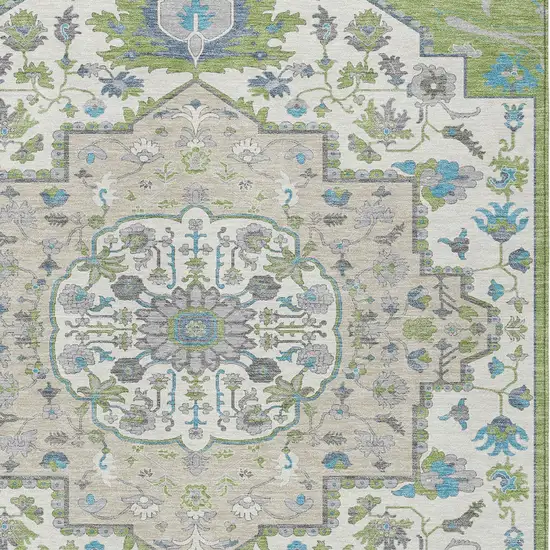 Artichoke Green Blue And Ivory Oriental Washable Indoor Outdoor Area Rug Photo 6