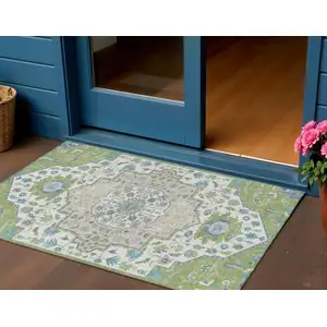 Photo of Artichoke Green Blue And Ivory Oriental Washable Indoor Outdoor Area Rug