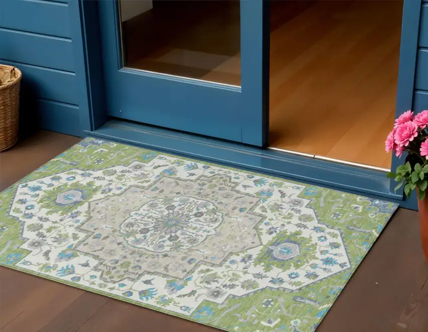 Artichoke Green Blue And Ivory Oriental Washable Indoor Outdoor Area Rug Photo 1