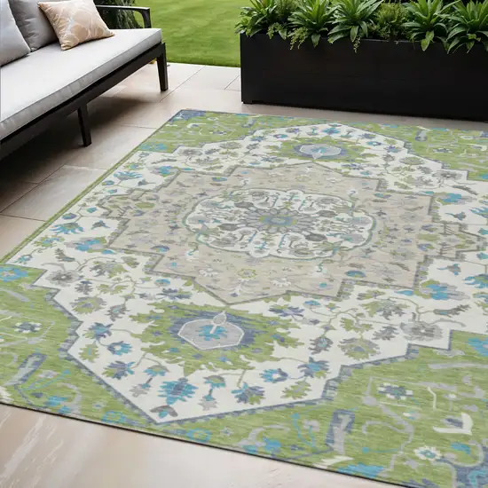Artichoke Green Blue And Ivory Oriental Washable Indoor Outdoor Area Rug Photo 1