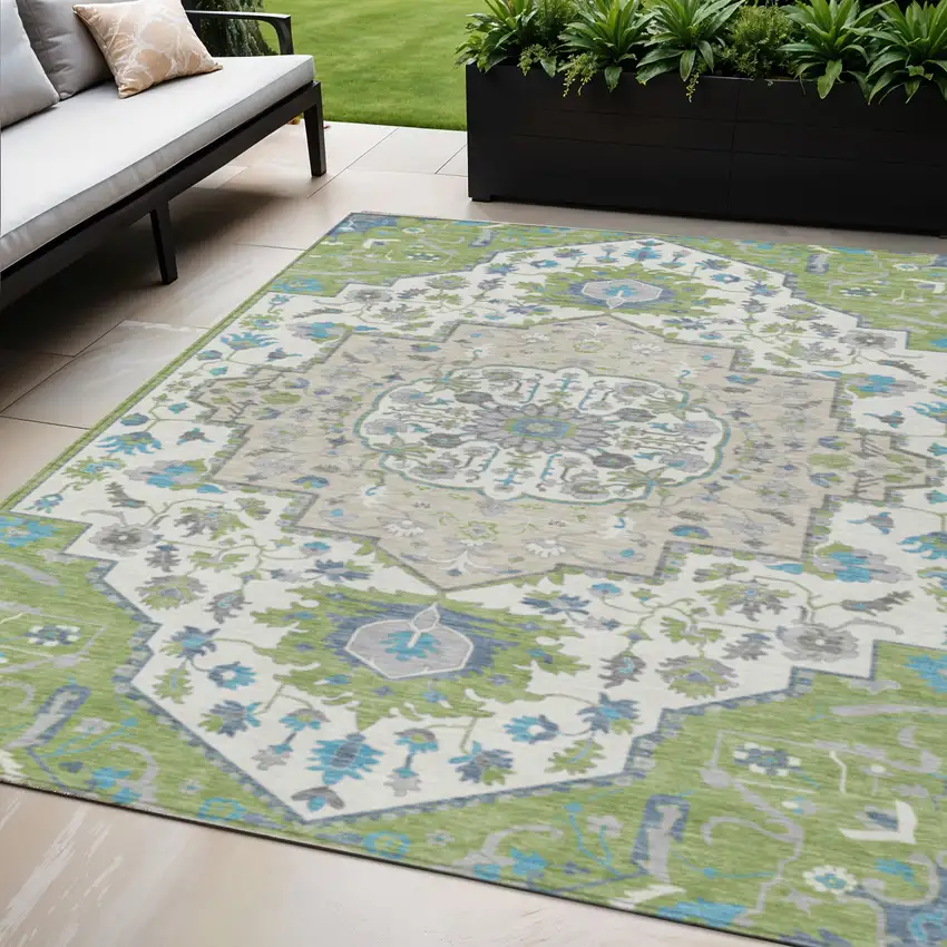 Artichoke Green Blue And Ivory Oriental Washable Indoor Outdoor Area Rug Photo 1
