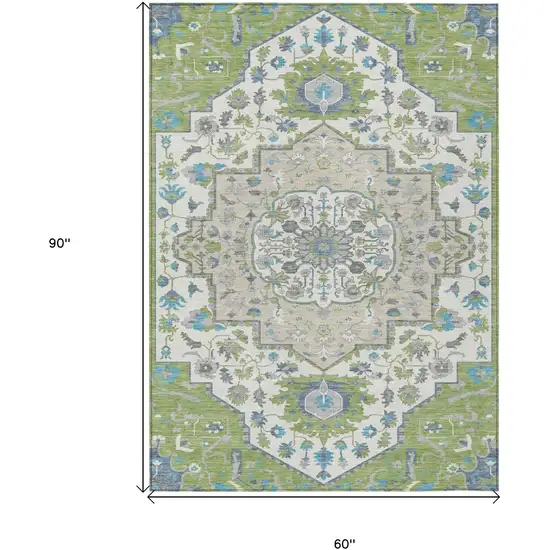 Artichoke Green Blue And Ivory Oriental Washable Indoor Outdoor Area Rug Photo 3