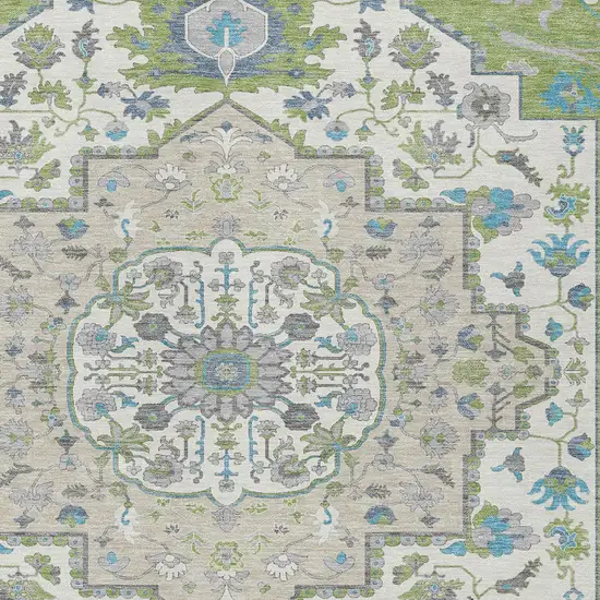 Artichoke Green Blue And Ivory Oriental Washable Indoor Outdoor Area Rug Photo 6
