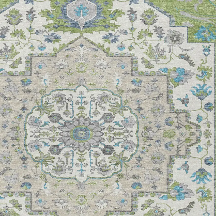 Artichoke Green Blue And Ivory Oriental Washable Indoor Outdoor Area Rug Photo 6