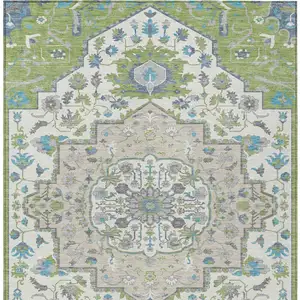 Photo of Artichoke Green Blue And Ivory Oriental Washable Indoor Outdoor Area Rug