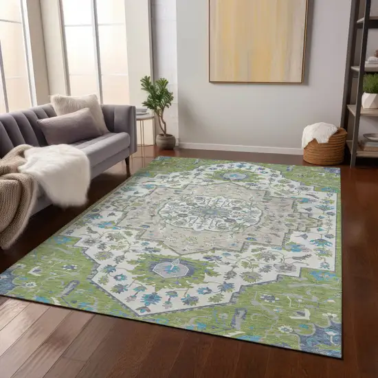 Artichoke Green Blue And Ivory Oriental Washable Indoor Outdoor Area Rug Photo 9