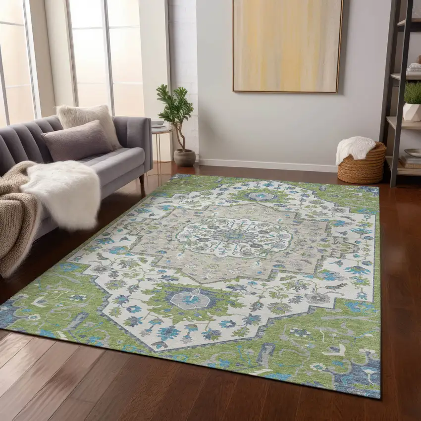 Artichoke Green Blue And Ivory Oriental Washable Indoor Outdoor Area Rug Photo 9