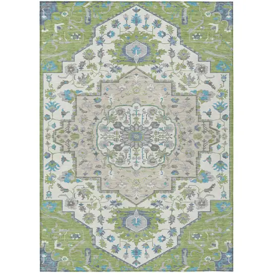 Artichoke Green Blue And Ivory Oriental Washable Indoor Outdoor Area Rug Photo 2