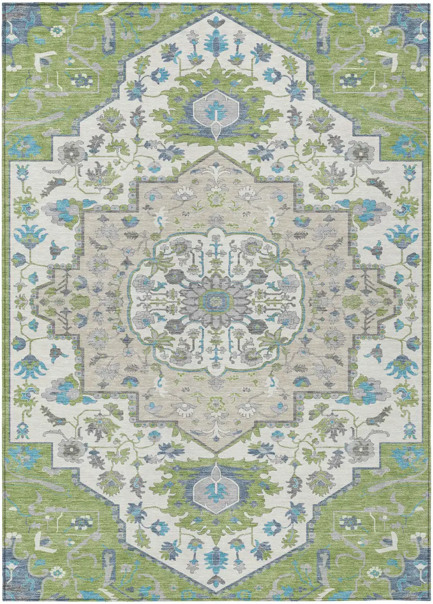 Artichoke Green Blue And Ivory Oriental Washable Indoor Outdoor Area Rug Photo 2