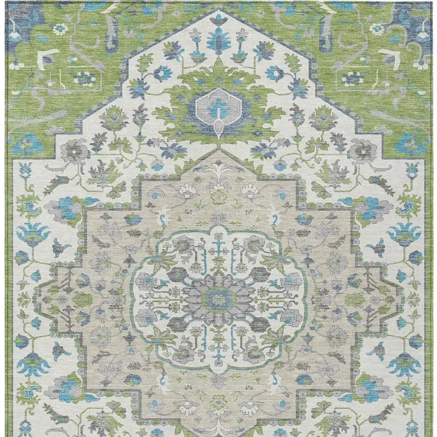 Artichoke Green Blue And Ivory Oriental Washable Indoor Outdoor Area Rug Photo 7