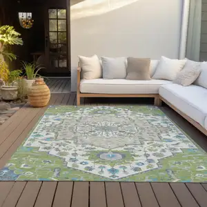 Photo of Artichoke Green Blue And Ivory Oriental Washable Indoor Outdoor Area Rug