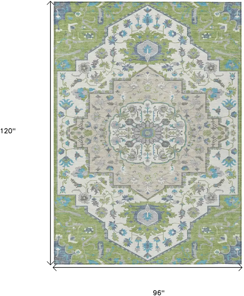 Artichoke Green Blue And Ivory Oriental Washable Indoor Outdoor Area Rug Photo 3