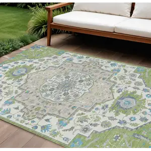 Photo of Artichoke Green Blue And Ivory Oriental Washable Indoor Outdoor Area Rug